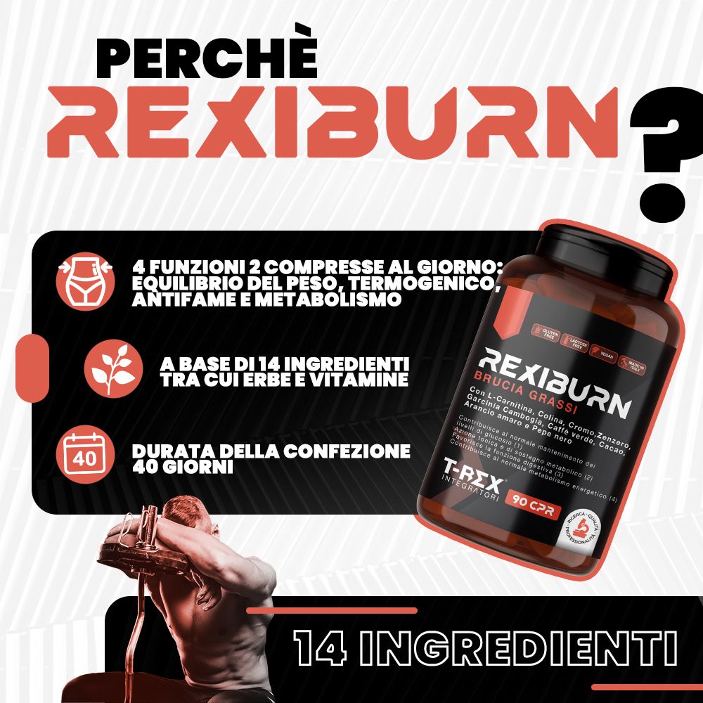 Immagine pubblicitaria con flacone del prodotto. Testo: REXIBURN Bruciagrassi. 40 giorni. 14 ingredienti. Uomo che si allena.