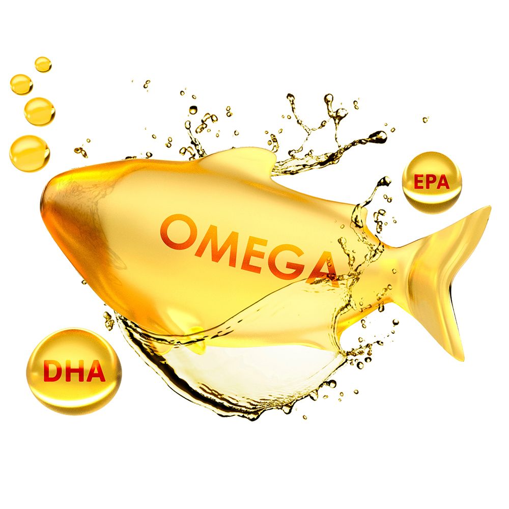 Goldene Flüssigkeit in Fischform mit den Wörtern OMEGA, DHA und EPA.
