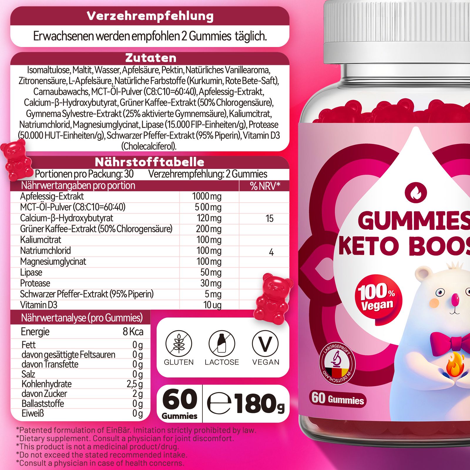 Flasche mit 60 Keto Boost Gummis, 180g. Enthält 100% veganes Siegel und Bären-Illustration.