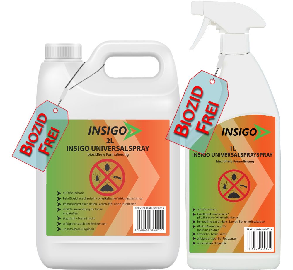 Zwei weiße Flaschen mit Sprühkopf und Griff. Aufschrift: INSIGO UNIVERSALSPRAY, BIOZID FREI.