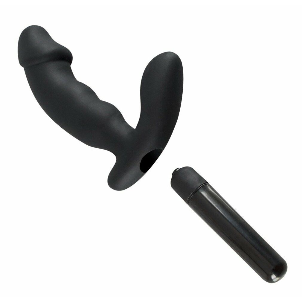 Schwarzer Vibrator in Penisform und separater, zylindrischer Vibrator. Beide sind schwarz.