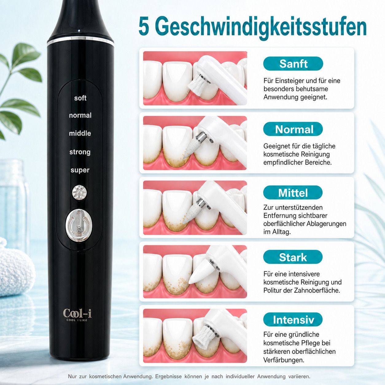 Zahnpolierer mit 5 Geschwindigkeitsstufen und Anwendungsbeispielen.