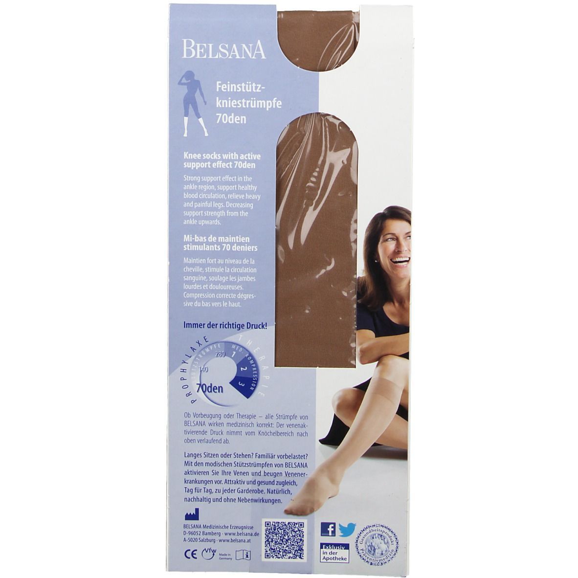 Belsana Feinstützkniestrümpfe 70den in Bronze. Verpackung mit Produktabbildung und Text. Frau trägt Strümpfe.
