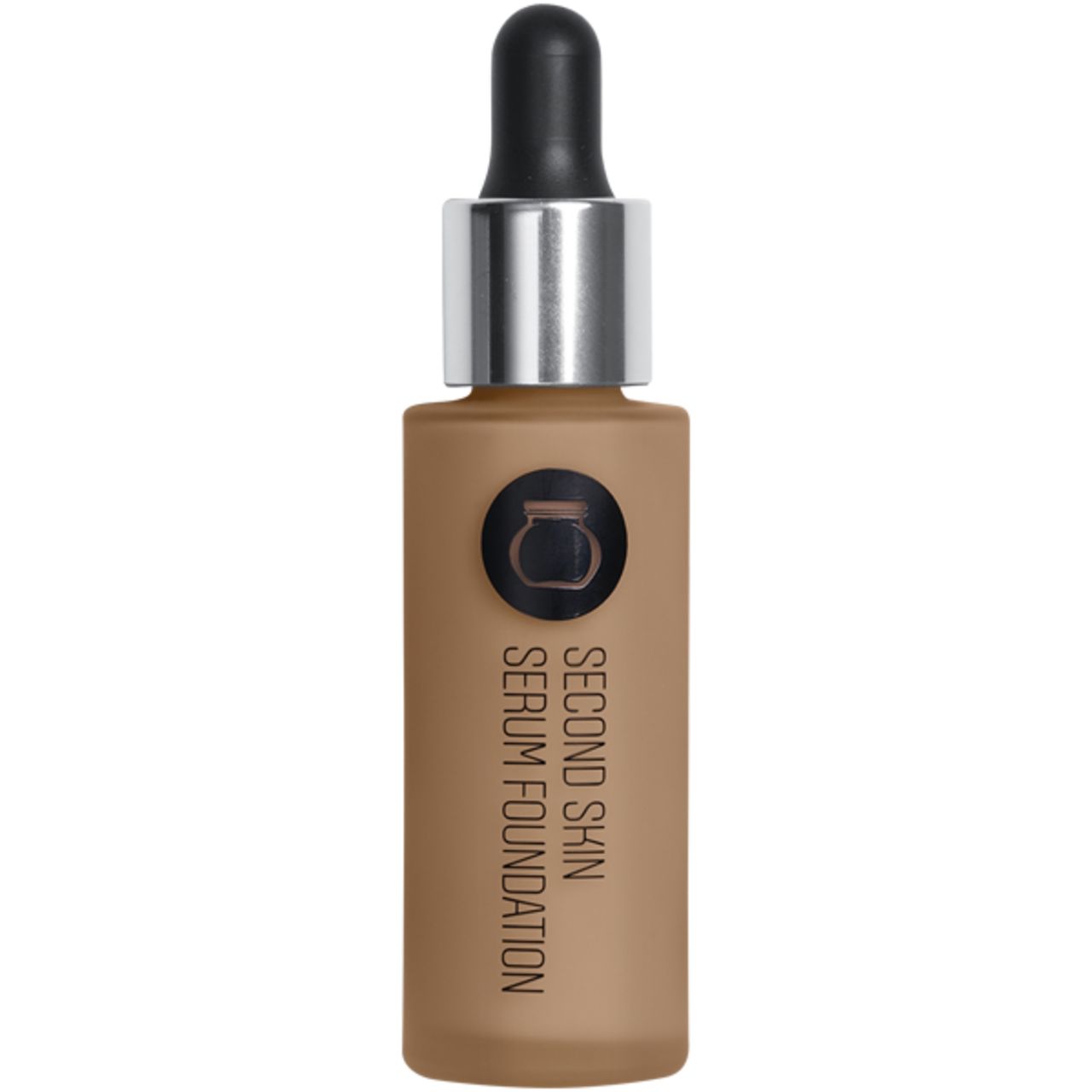 Fläschchen mit Serum Foundation. Braune Flüssigkeit, schwarze Pipette, silberner Verschluss. Aufschrift: Second Skin Serum Foundation.