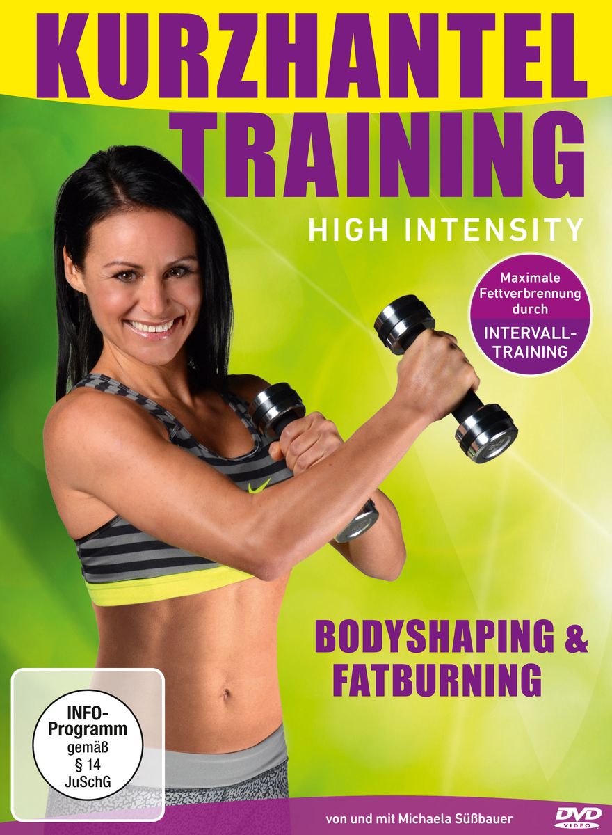 DVD-Hülle mit Titel 'Kurzhantel Training High Intensity'. Frau mit Kurzhanteln. Text: Bodyshaping & Fatburning. Mit Michaela Süßbauer.