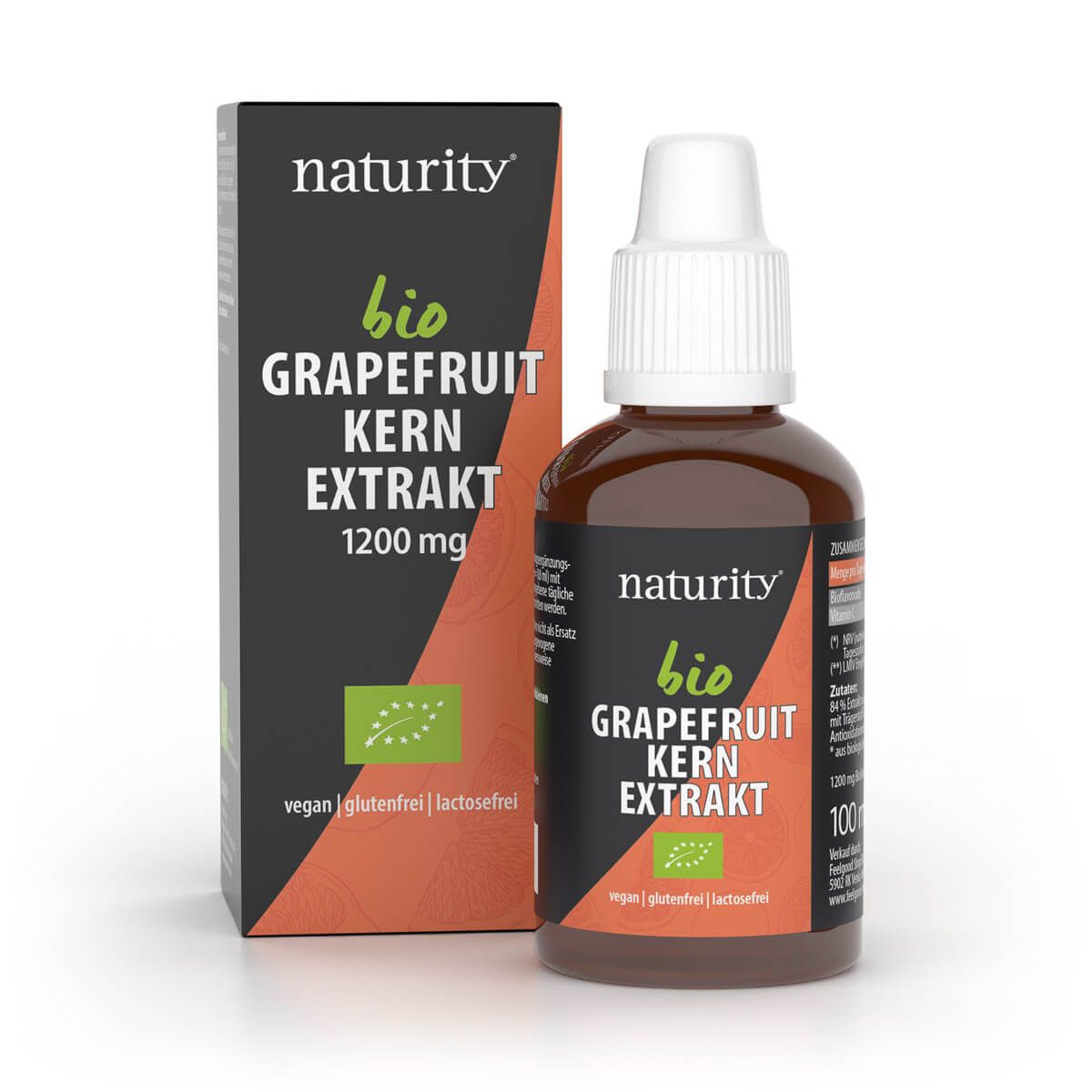 Braune Glasflasche und Schachtel mit Aufschrift 'Naturity Bio Grapefruit Kern Extrakt 1200mg'. Vegan, glutenfrei, laktosefrei.