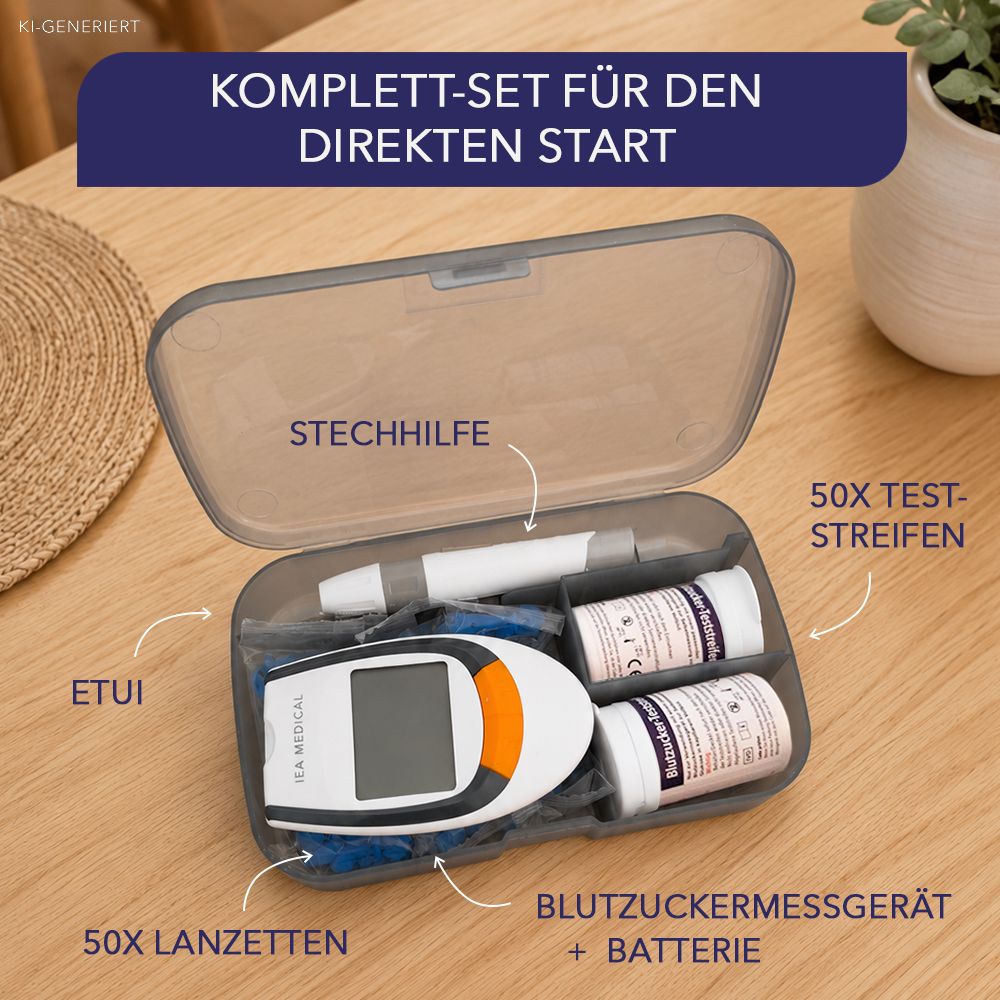 Offenes Etui mit Blutzuckermessgerät, Stechhilfe, Lanzetten und Teststreifen.