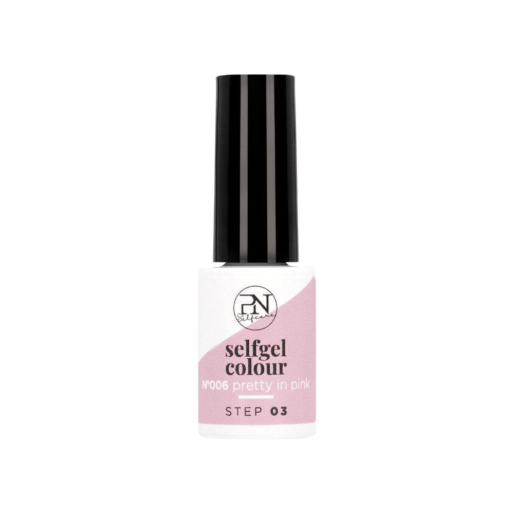 Flasche PN Selfgel Vernis Semi-Permanent, N6 Pretty in Pink. Schwarzer Deckel, rosa Inhalt. Aufschrift: selfgel colour, STEP 03.