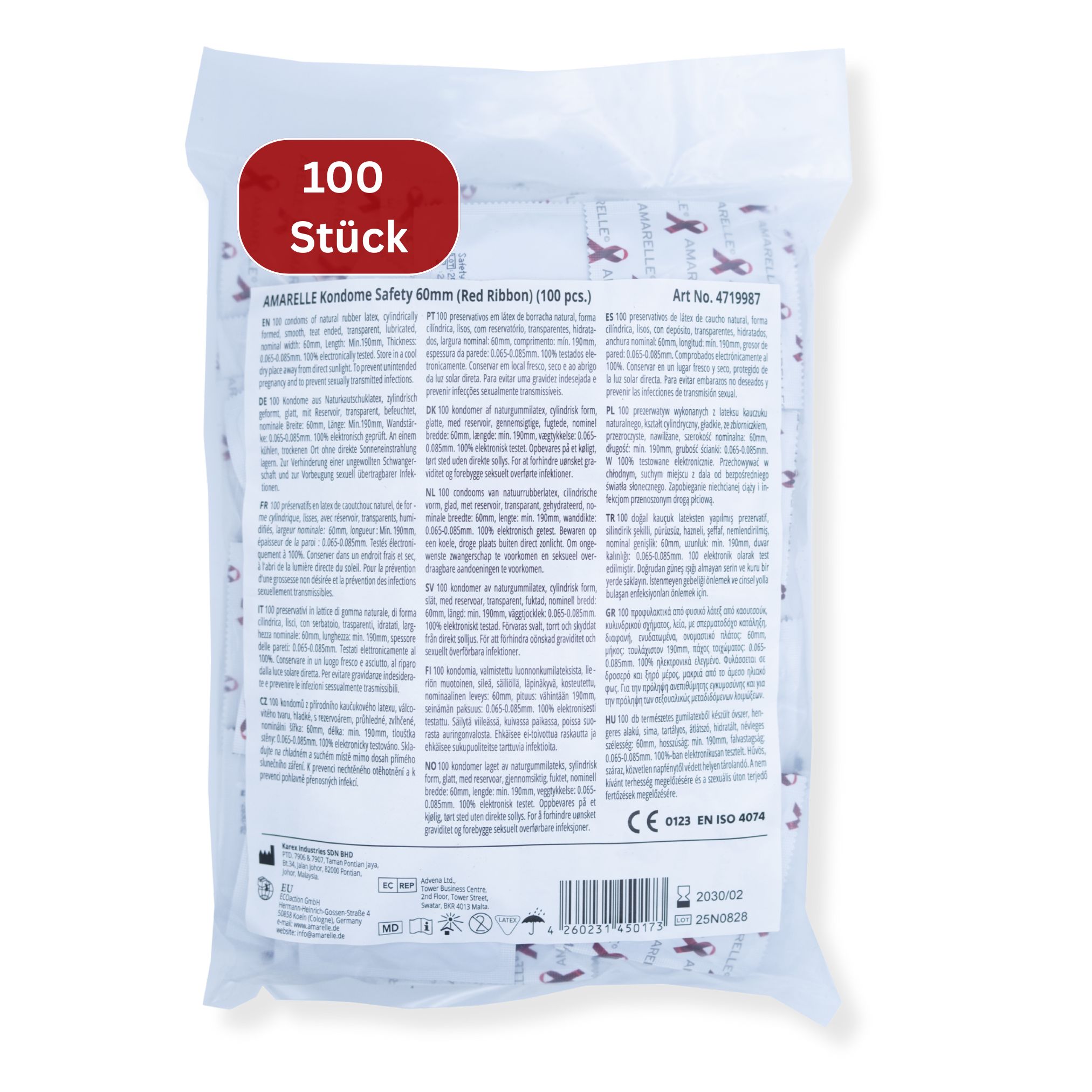Rückseite der Verpackung mit AMARELLE Kondomen. Text und Piktogramme. "100 Stück" Aufkleber. Artikelnummer.