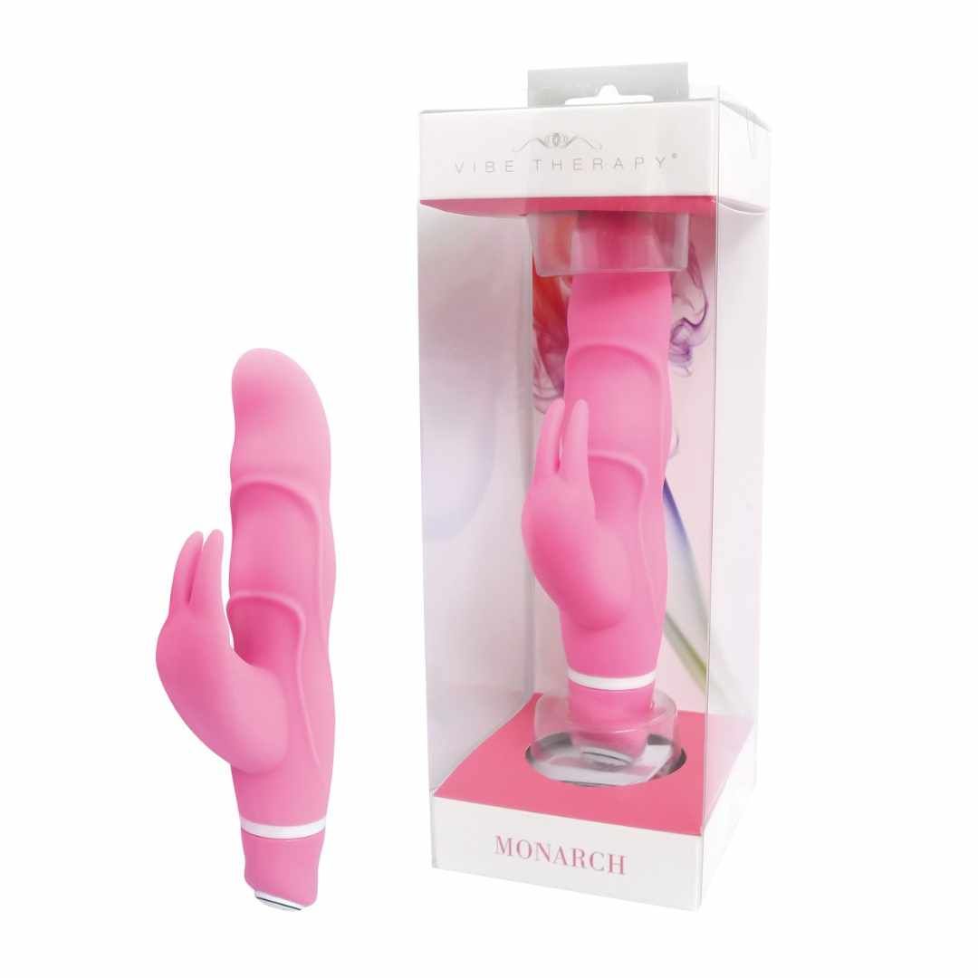Rosa Vibrator in Verpackung. Vibe Therapy. Transparente Box. Produktname: Monarch.