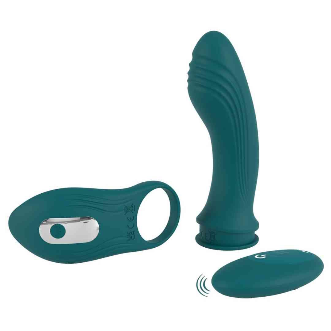 Drei tealfarbene Vibratoren. Ein Ring, ein länglicher mit Rillen, ein ovaler mit Knopf. 