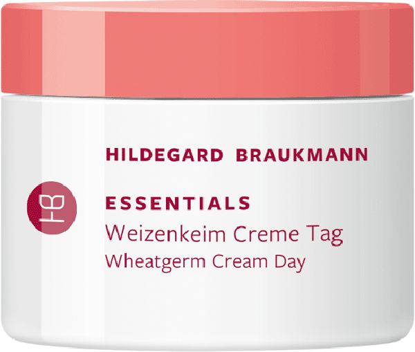 Produkt in einem weißen Tiegel mit rosafarbenem Deckel. Text: Hildegard Braukmann, Essentials Weizenkeim Creme Tag, Wheatgerm Cream Day.