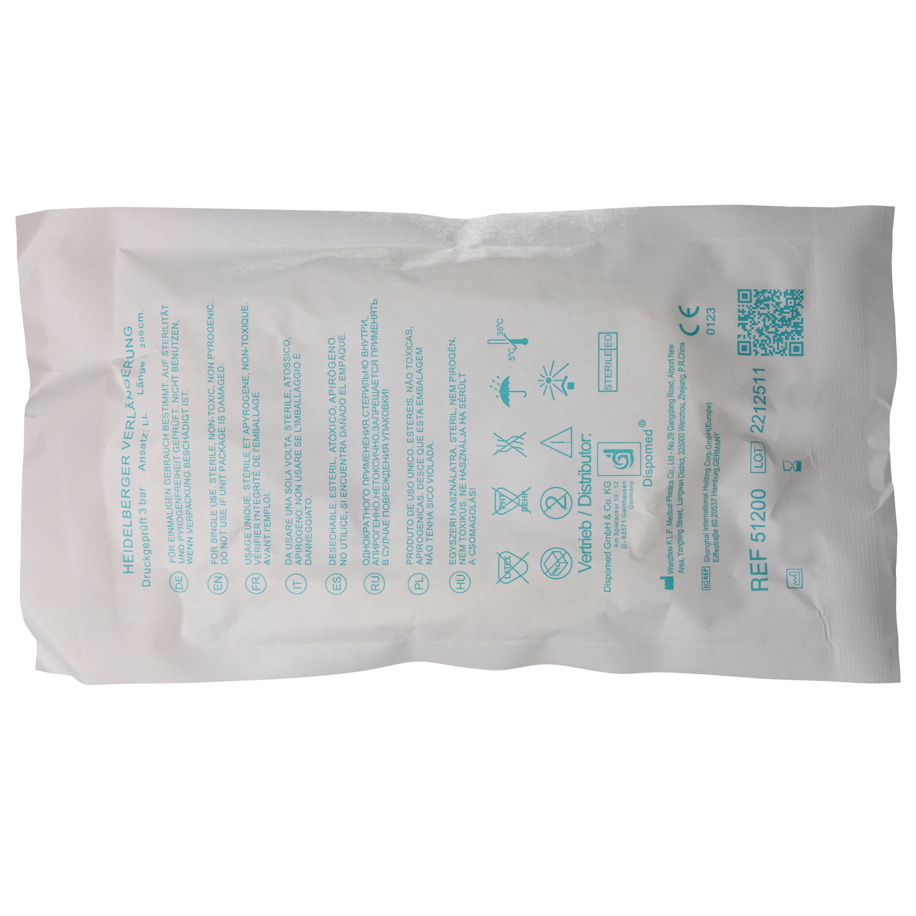 Verpackung mit Text und Symbolen. Produktname: Heidelberger Verlängerung. REF 51200. CE-Kennzeichnung.