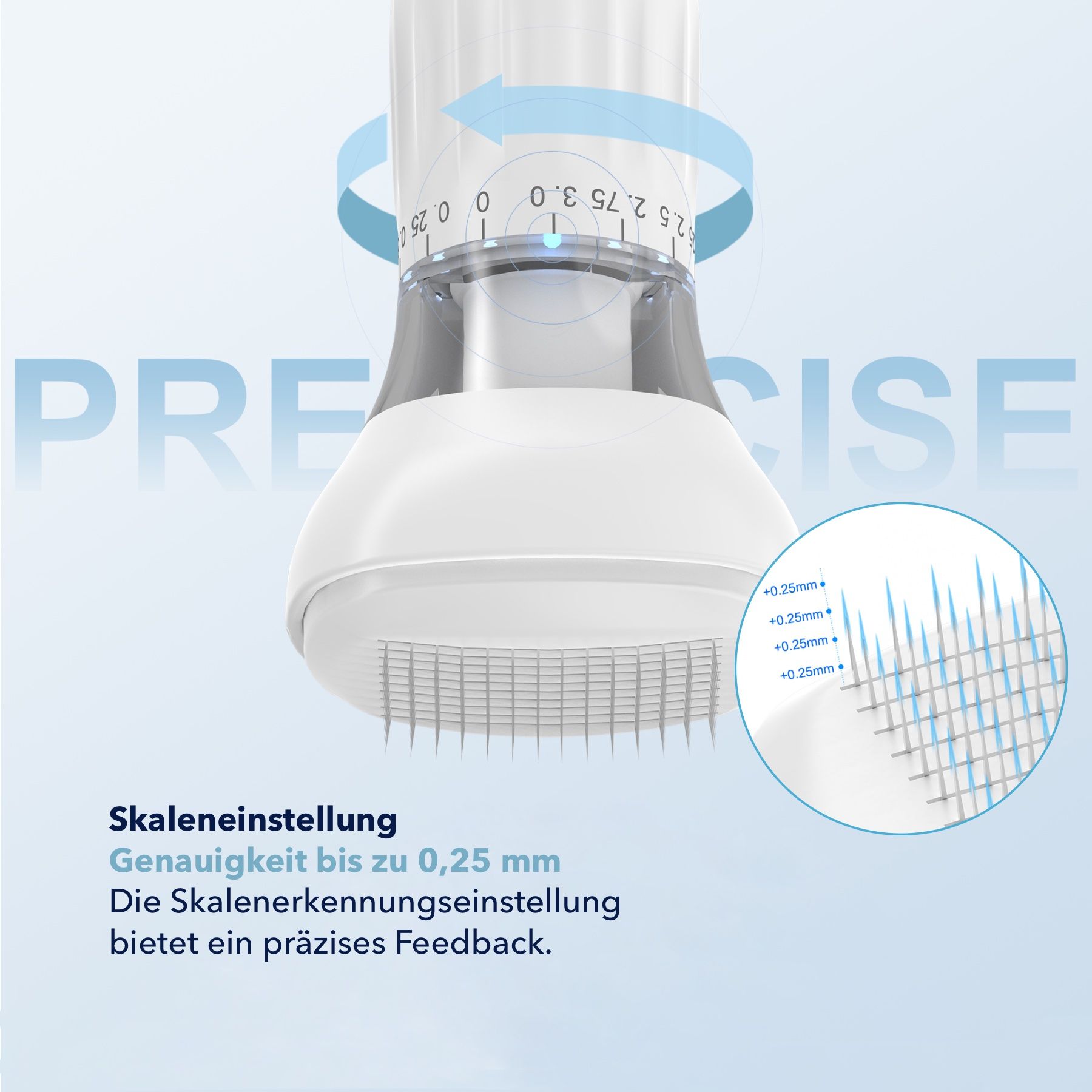 Derma Stamp mit Skaleneinstellung. Genauigkeit bis zu 0,25 mm. Skaleneinstellung bietet präzises Feedback. Blaue Pfeile. Vergrößerte Ansicht der Nadeln.