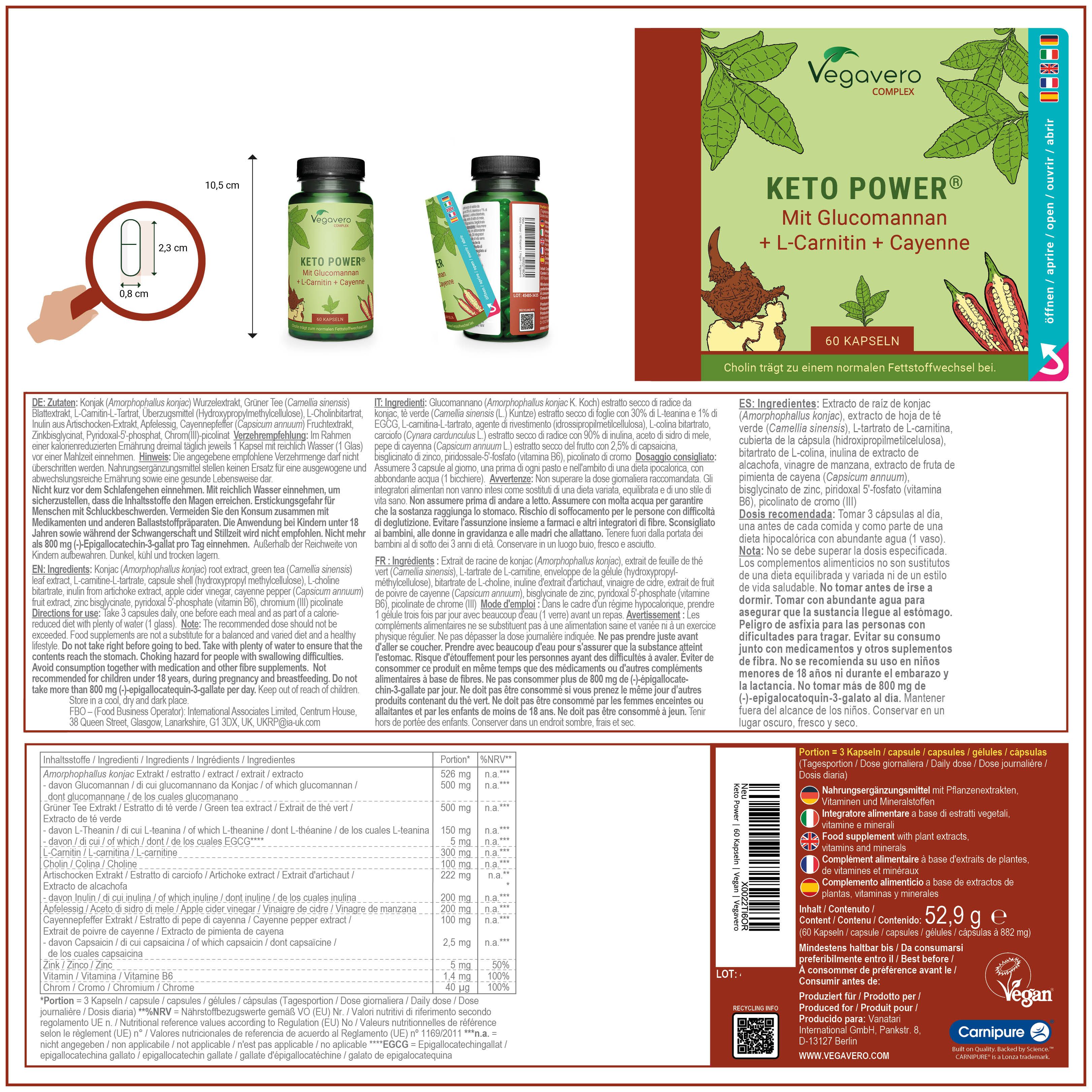 Verpackung mit Keto Power Kapseln. Detailansicht der Kapsel. Text: Keto Power, Inhaltsstoffe, Nährwerte.