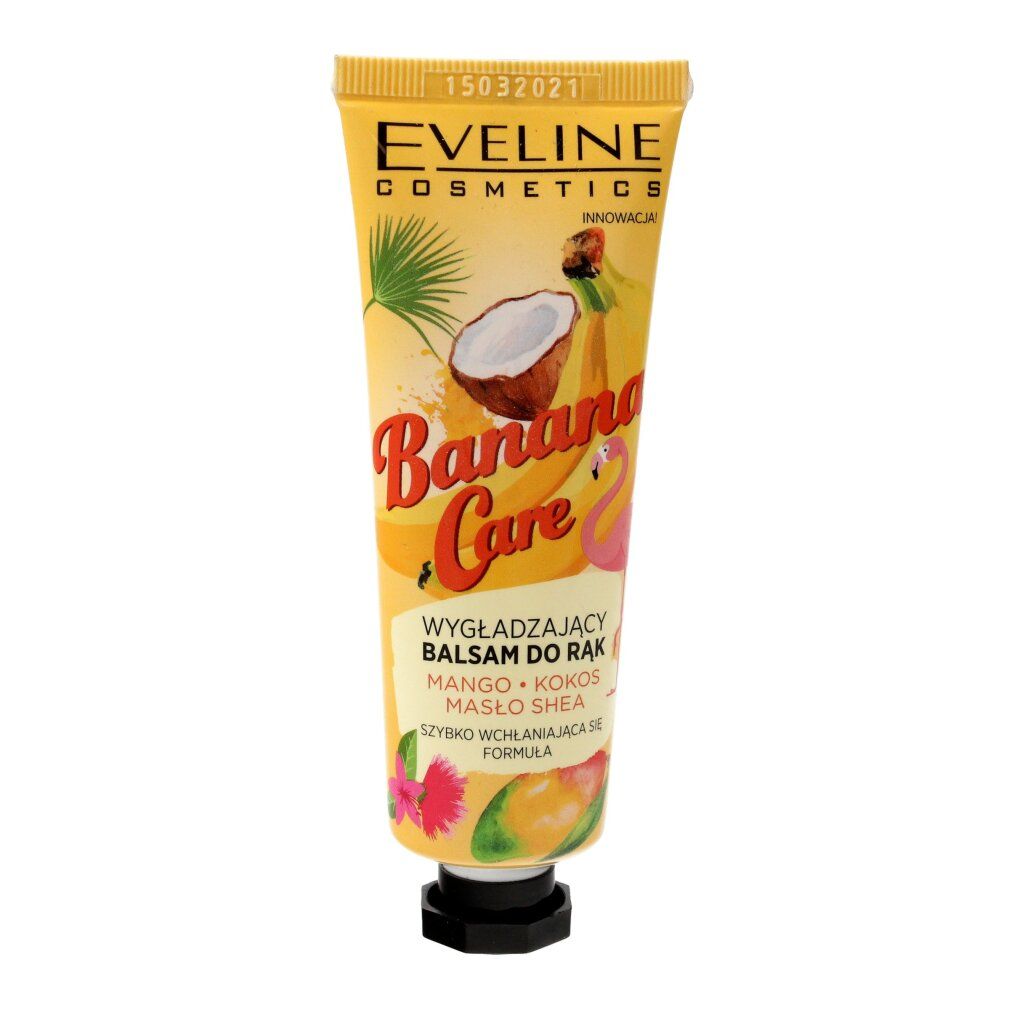 Gelbe Tube 'Eveline Cosmetics'. Handbalsam 'Banana Care' mit Mango, Kokos und Sheabutter. Abbildung von Banane, Kokosnuss und Flamingo.