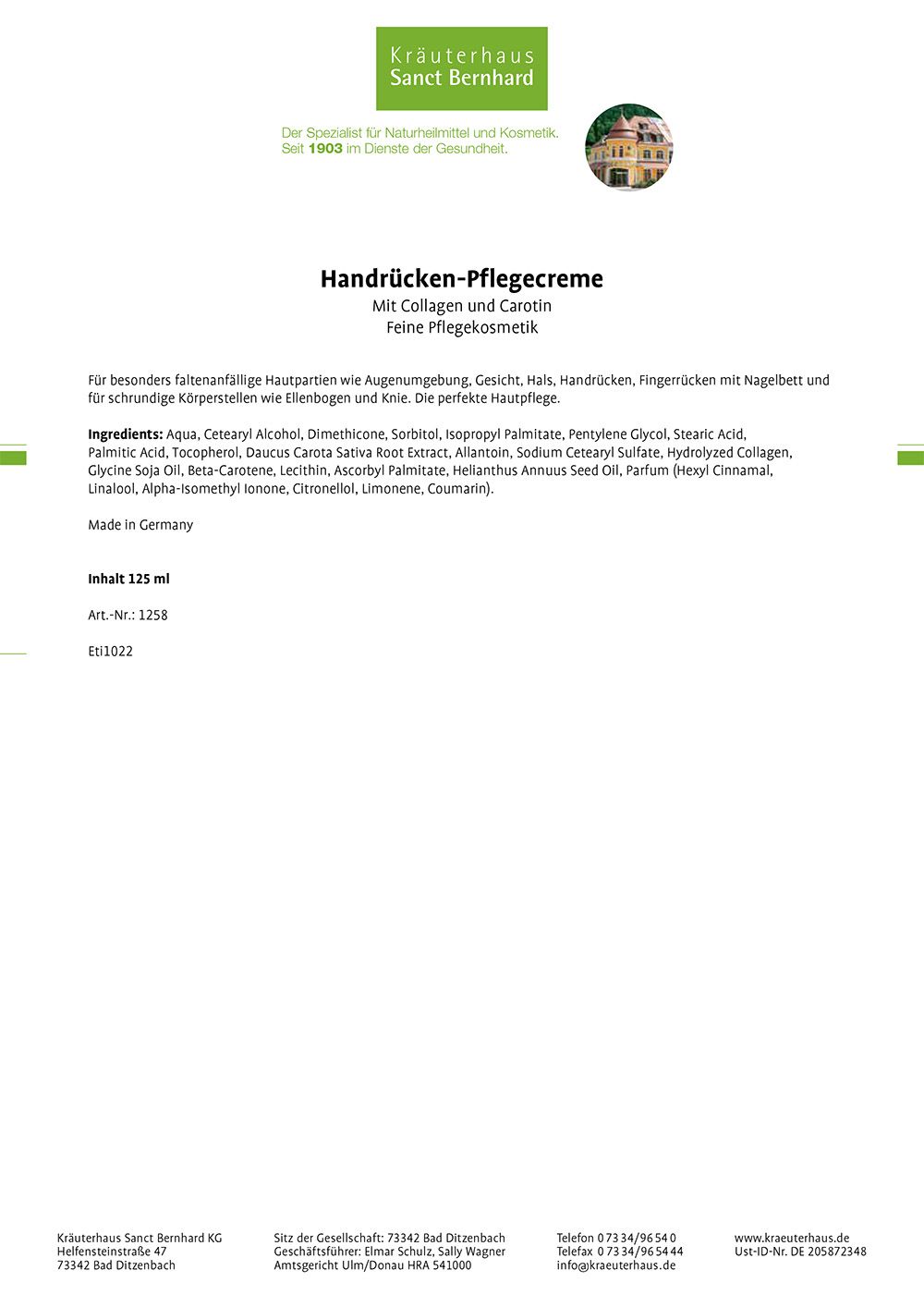 Sanct Bernhard Handrücken-Pflegecreme mit Collagen