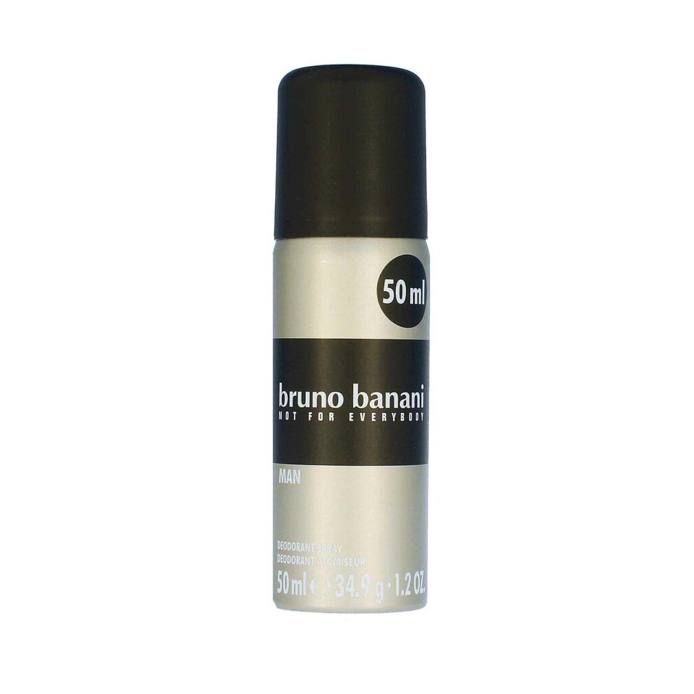 Deodorant-Spray von Bruno Banani. Zylindrische Dose mit schwarzem Deckel. Aufschrift: Bruno Banani, MAN. Volumen: 50 ml.