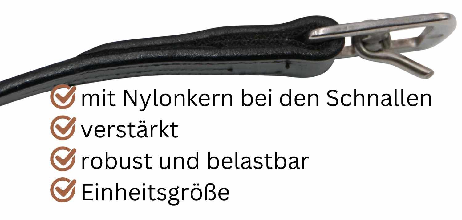 Detailansicht eines schwarzen Steigbügelriemens mit Metallschnalle. Text: 'mit Nylonkern', 'verstärkt', 'robust'.