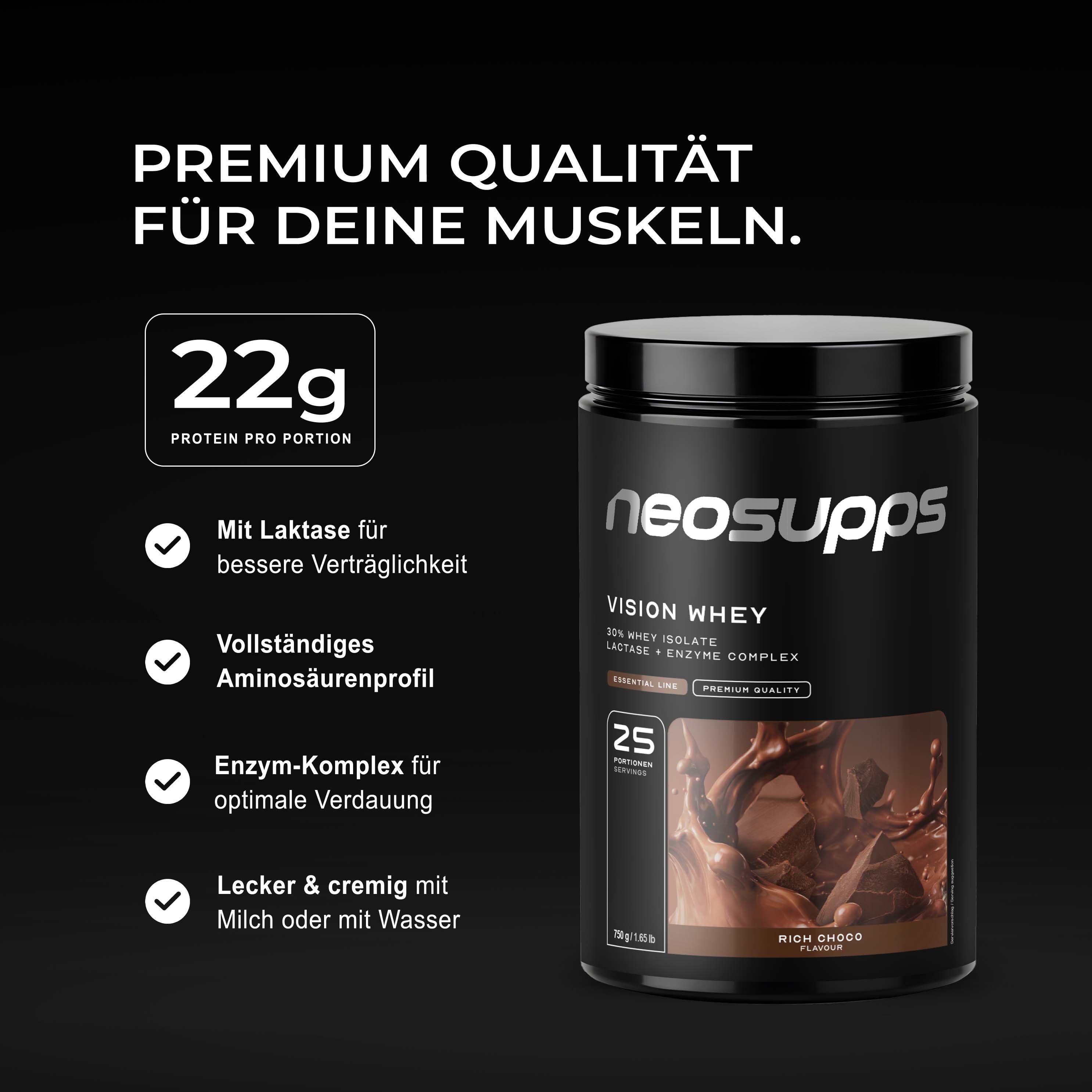 Neosupps Vision Whey Protein Pulver Dose mit Text und Icons, die Vorteile wie 22g Protein pro Portion hervorheben.