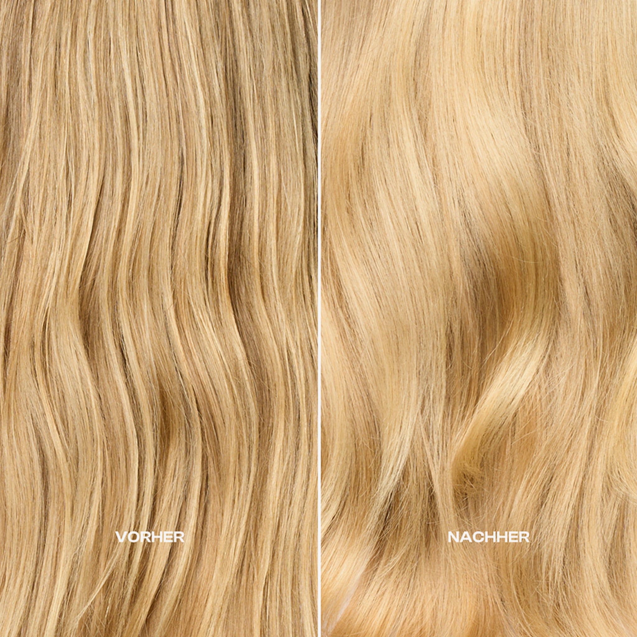 Zwei Haarpartien nebeneinander. Links: "VORHER". Rechts: "NACHHER".