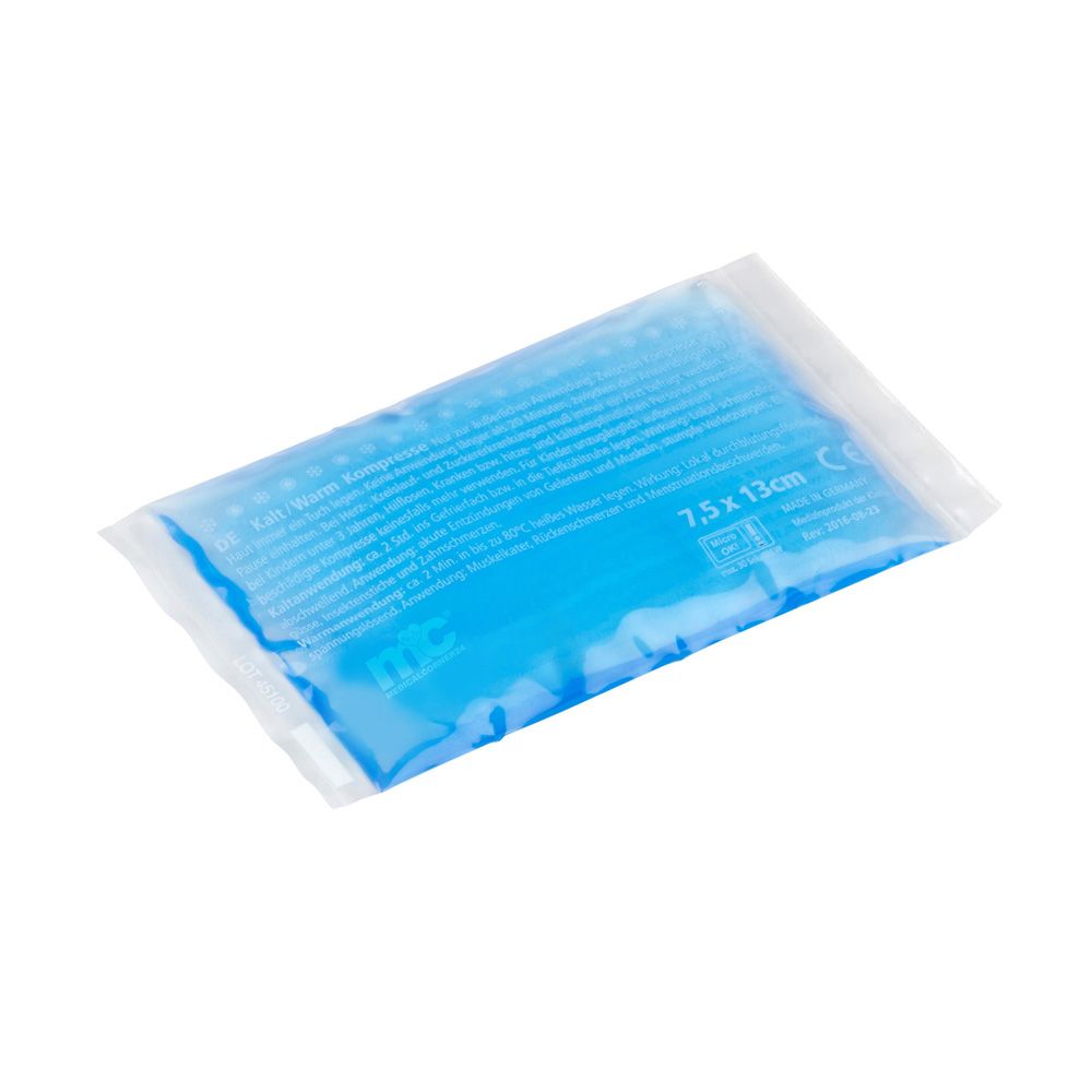 Blaue Gel-Kühlkompresse, 7,5 x 13 cm, in transparenter Verpackung.