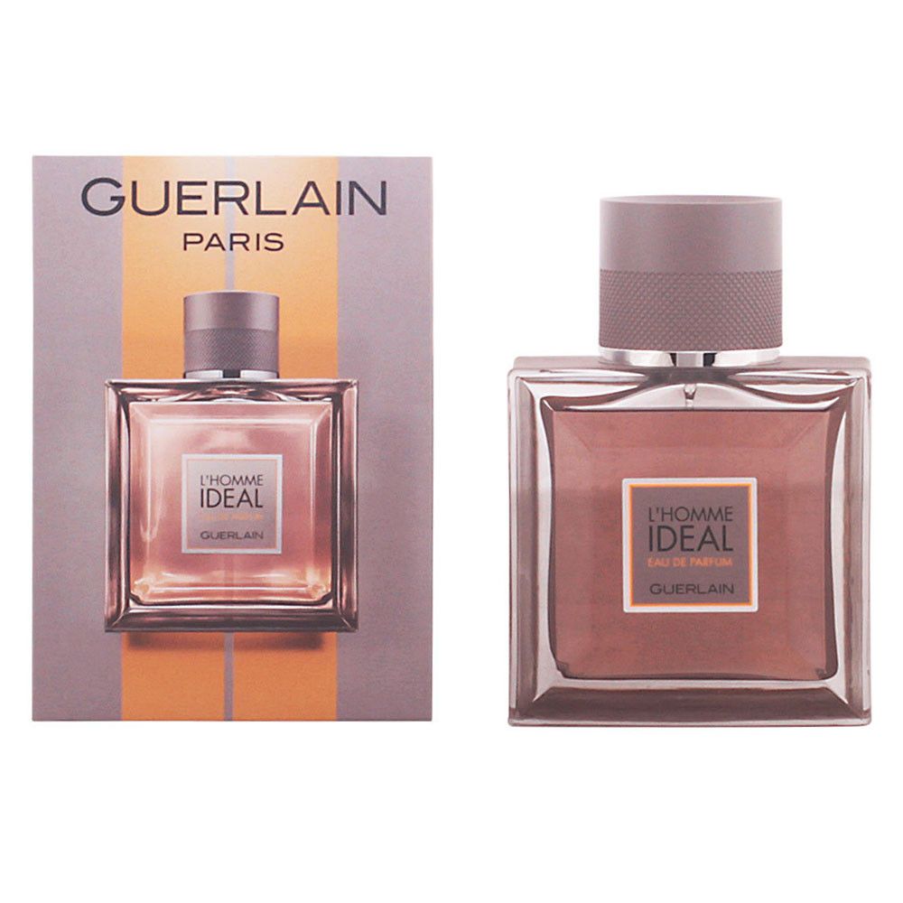 Guerlain L'Homme Ideal Eau de Parfum. Rechteckiger Flakon mit braunem Deckel. Produkt und Verpackung nebeneinander. Text: L'Homme Ideal, Guerlain.