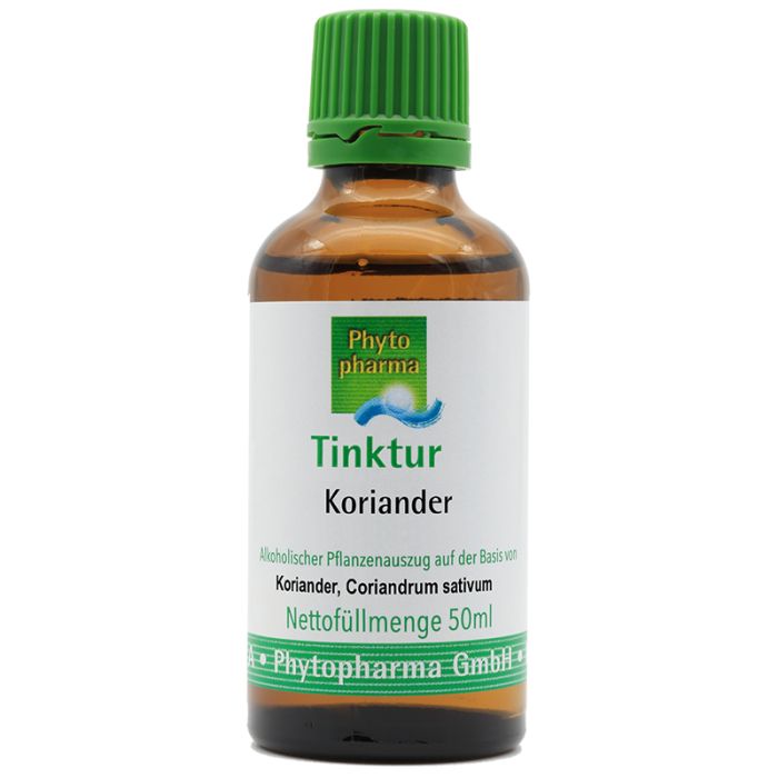 Braune Glasflasche mit grünem Verschluss. Etikett mit Produktbezeichnung und Herstellerlogo. Text: Tinktur Koriander, 50ml.