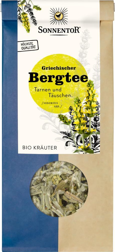 SonnenTor Griechischer Bergtee lose bio: Papiertüte mit Sichtfenster, Kräuter und gelben Blüten abgebildet.