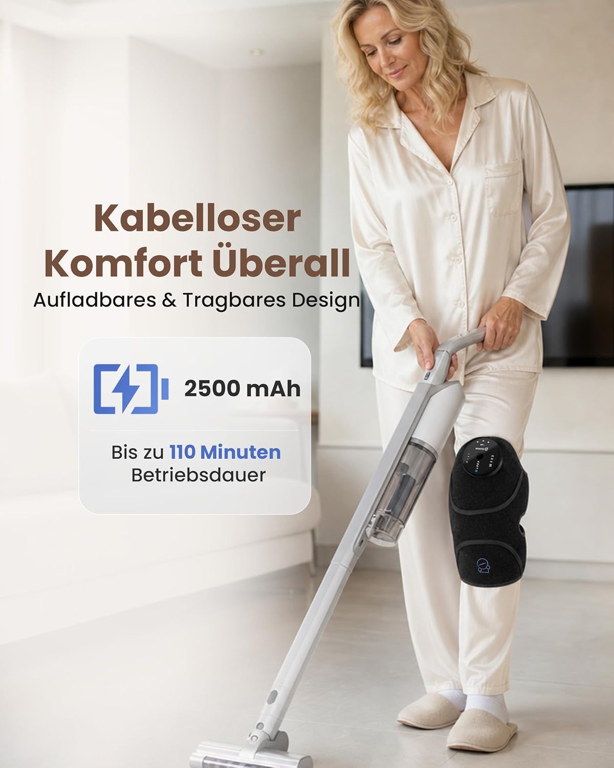 Frau mit Akku-Staubsauger und Kniebandage.
