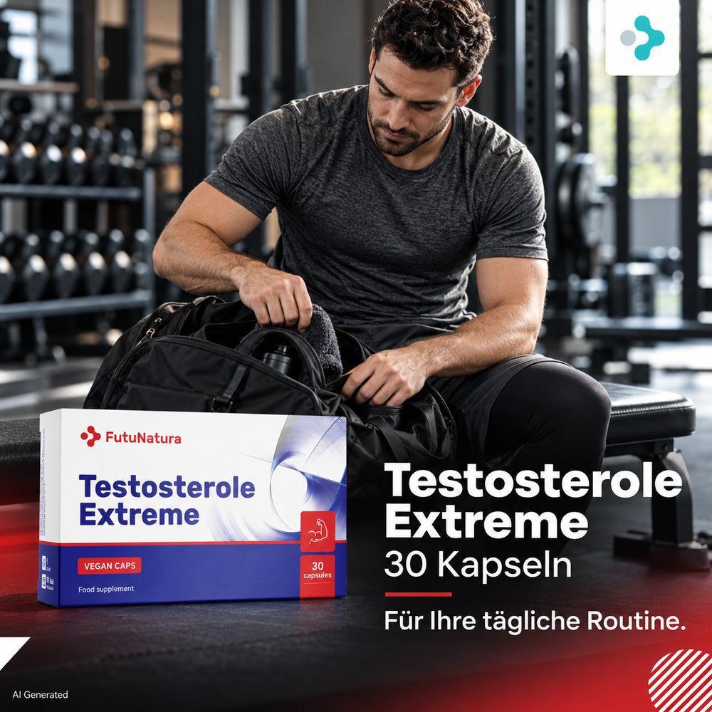 FutuNatura Testosterole Extreme Kapseln, 30 Stück. Mann im Fitnessstudio.
