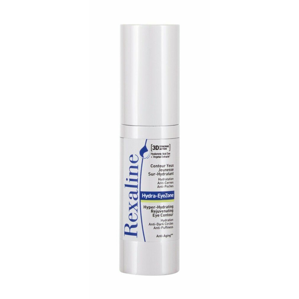 Zylindrische Flasche mit weißer Kappe. Aufschrift: Rexaline, Hydra-EyeZone, Hyper-Hydrating Eye Contour.