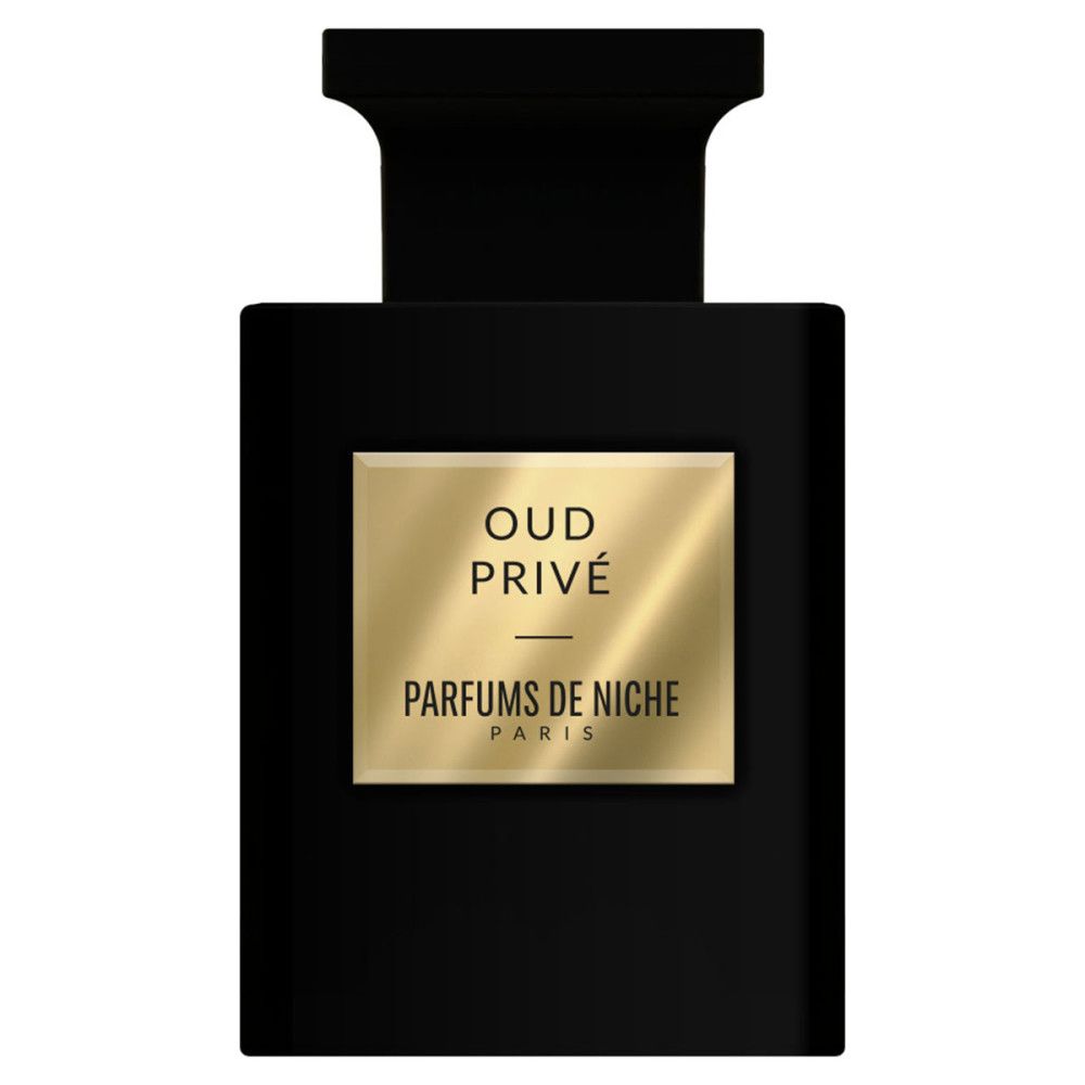 Schwarzer Flakon mit goldfarbenem Etikett. Aufschrift: Oud Privé, Parfums de Niche, Paris.