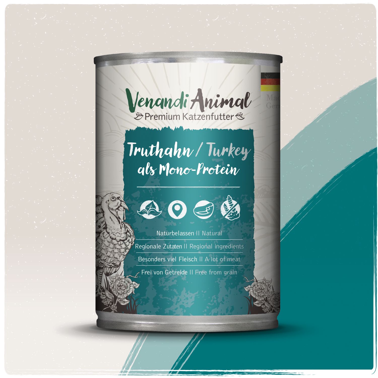 Dose Venandi Animal Truthahn als Monoprotein Premium Katzenfutter. Mit Abbildung eines Truthahns und Hinweisen zu natürlichen, regionalen Zutaten.