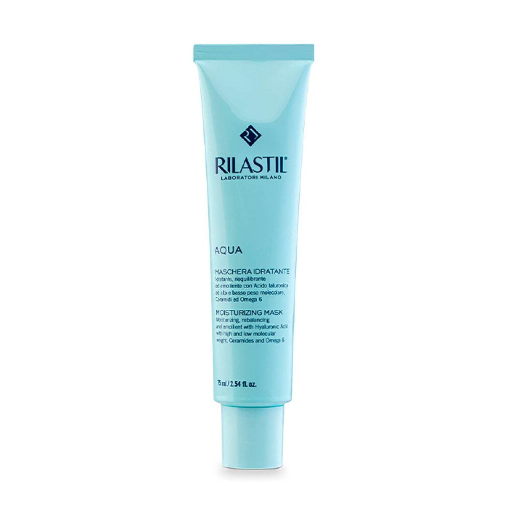 Hellblaue Tube mit weißem Verschluss. Aufschrift: RILASTIL, AQUA, MASCHERA IDRATANTE, MOISTURIZING MASK.