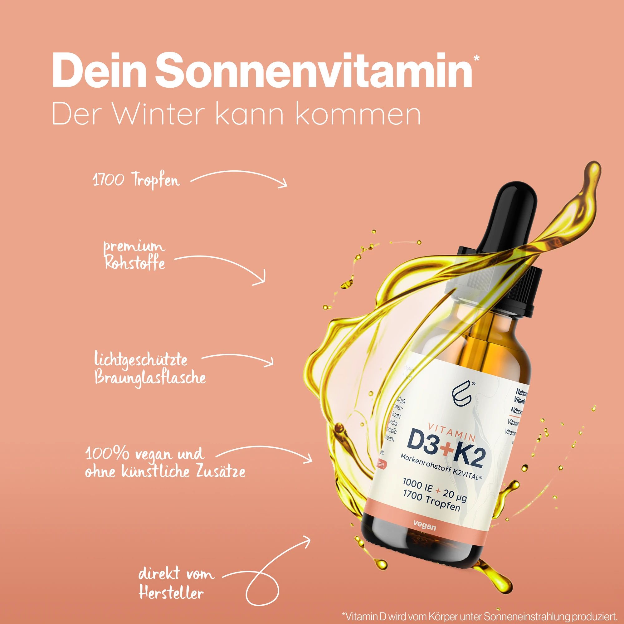 Vitamin D3 + K2 MK7 all trans 1.000ie + 20ug 1700 Tropfen Liquid