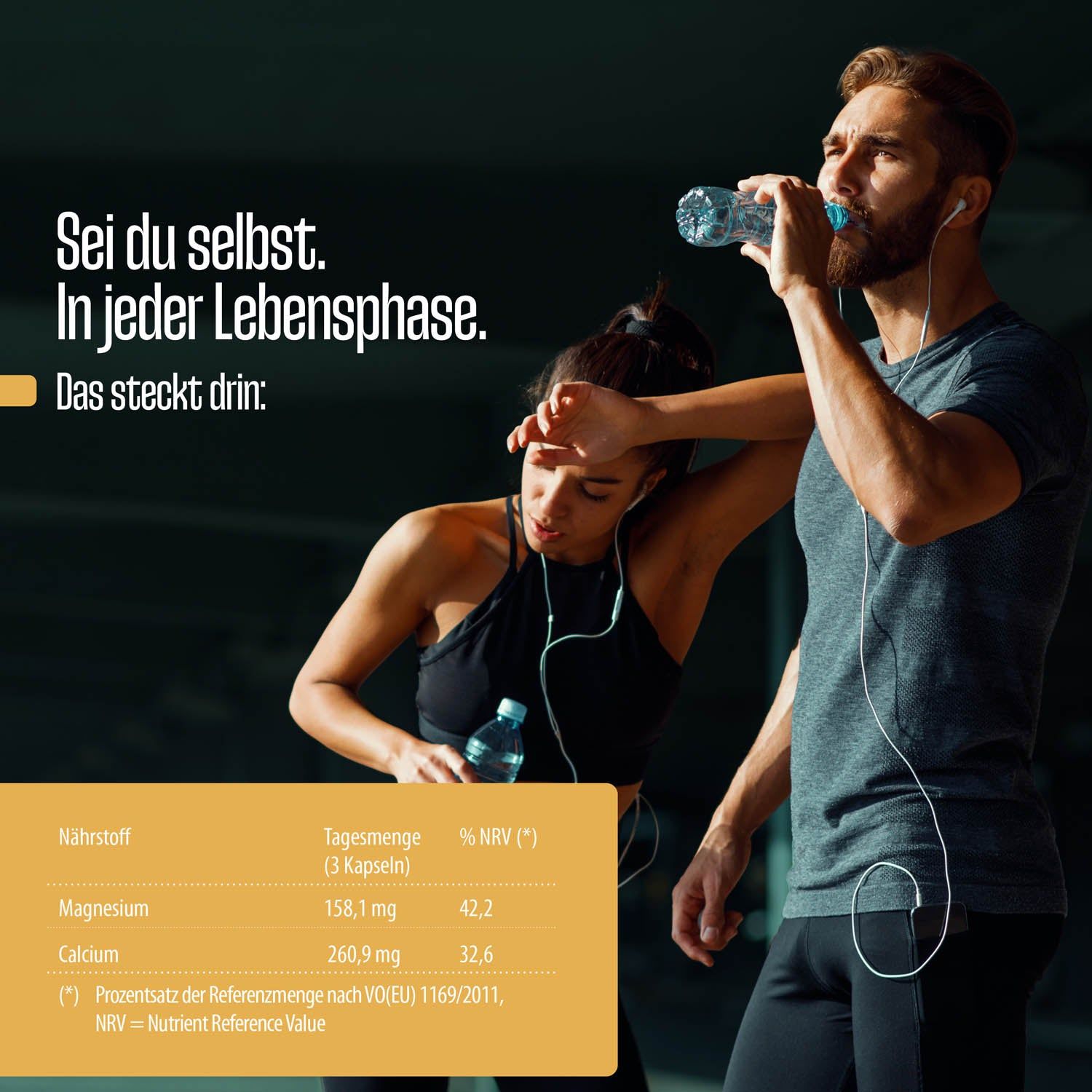 Zwei Personen trinken Wasser. Tabelle mit Nährstoffangaben: Magnesium, Calcium. Nährwertreferenzwert.