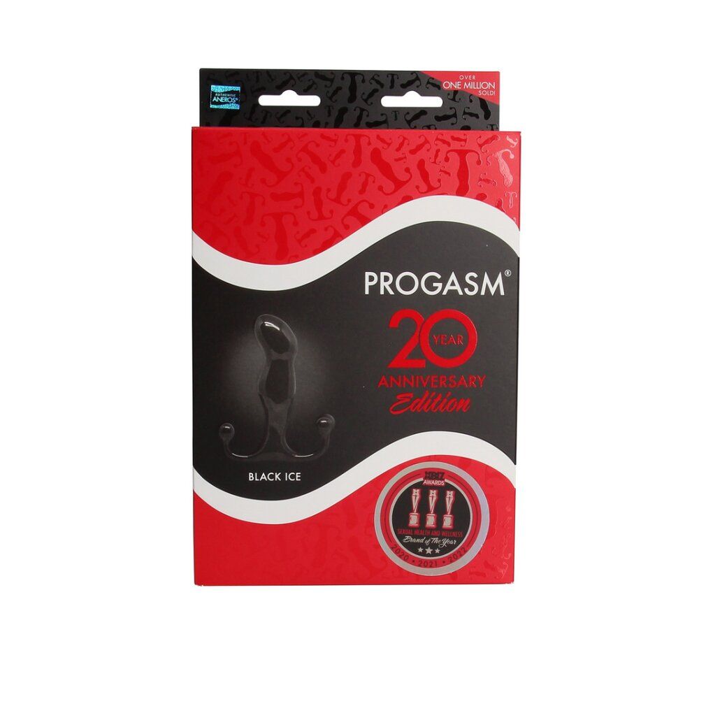 Verpackung für den "ProGasm 20 Year Anniversary Edition" männlichen G-Punkt-Stimulator in Schwarz.