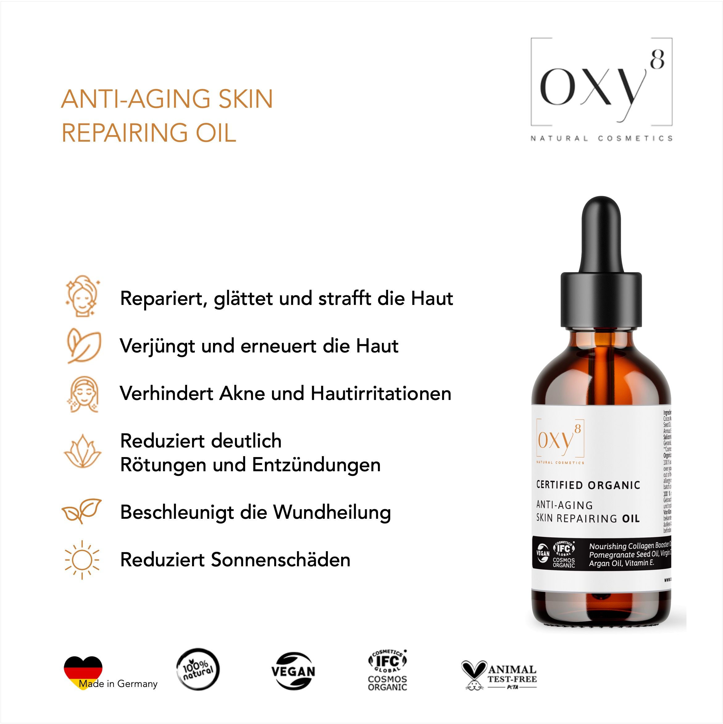 oxy8 Naturkosmetik ANTI-AGING SKIN REPAIRING OIL – Gesichtsöl. Repariert & glättet. Verhindert Akne.