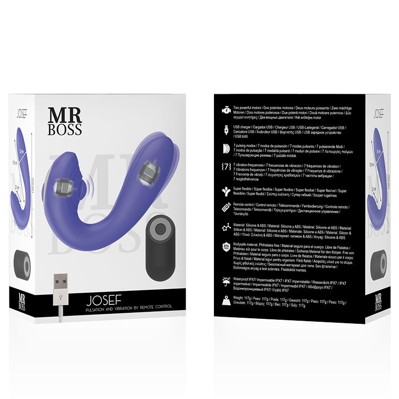 Verpackung mit Produkt. Lila Vibrator, schwarzes Zubehör, USB-Kabel. Text: MR BOSS, JOSEF, Pulsations- & Vibrationsfernbedienung Für Paare.