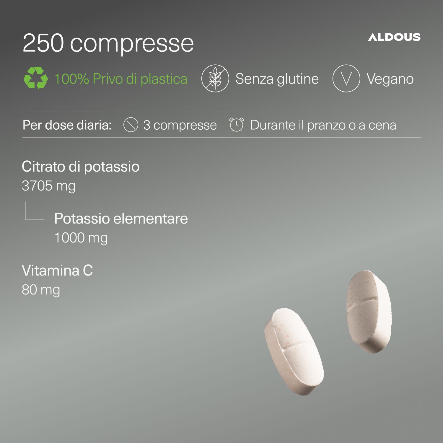 Aldous Citrato de Potasio Dose mit 250 Tabletten, Vitamin C. Ohne Stearat, ohne Siliciumdioxid.