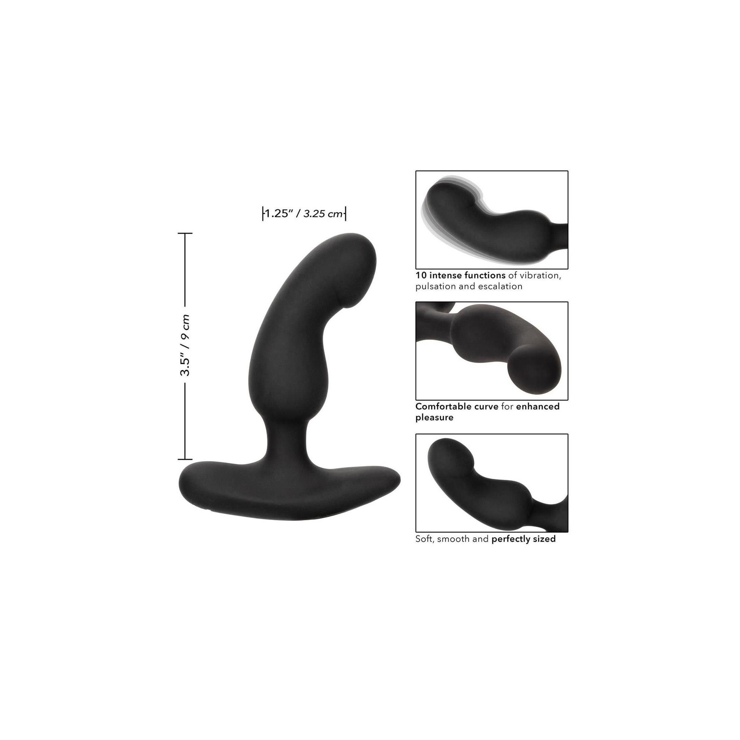Schwarzer, gebogener Anal-Stimulator mit Maßangaben. Abmessungen: 3,5 Zoll hoch, 1,25 Zoll/3,25 cm breit. Zusätzliche Produktabbildungen.