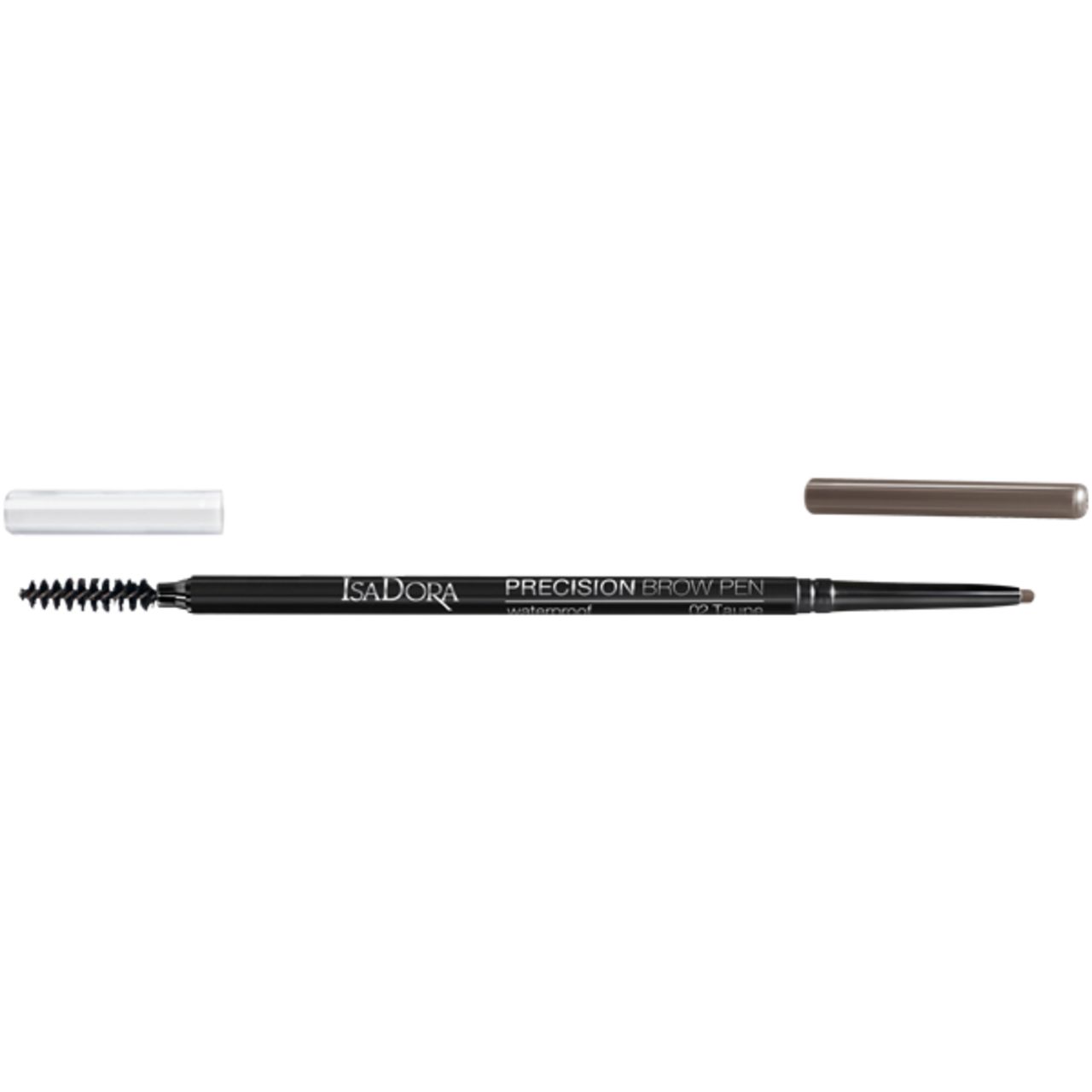IsaDora Precision Eyebrow Pen. Dunkelbrauner Stift mit Bürste und Kappe. Produktname und Marke sichtbar.