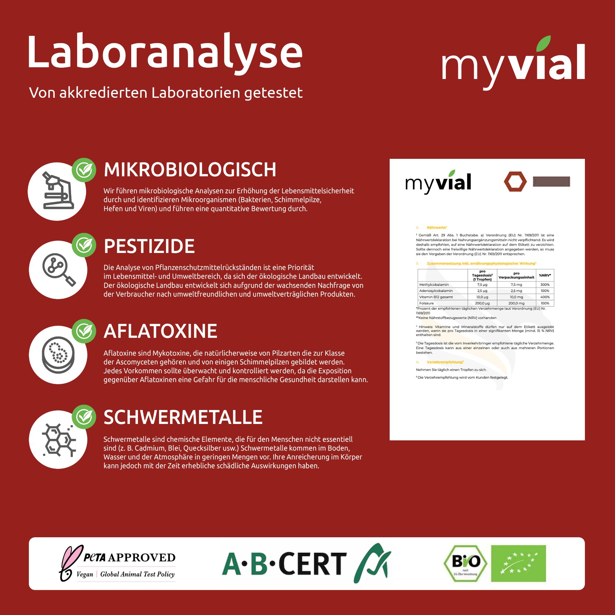 myvial® Vitamin B12 + Folsäure Tropfen 10 ml - hochdosiert mit Methyl- & Adenosylcobalamin - vegan