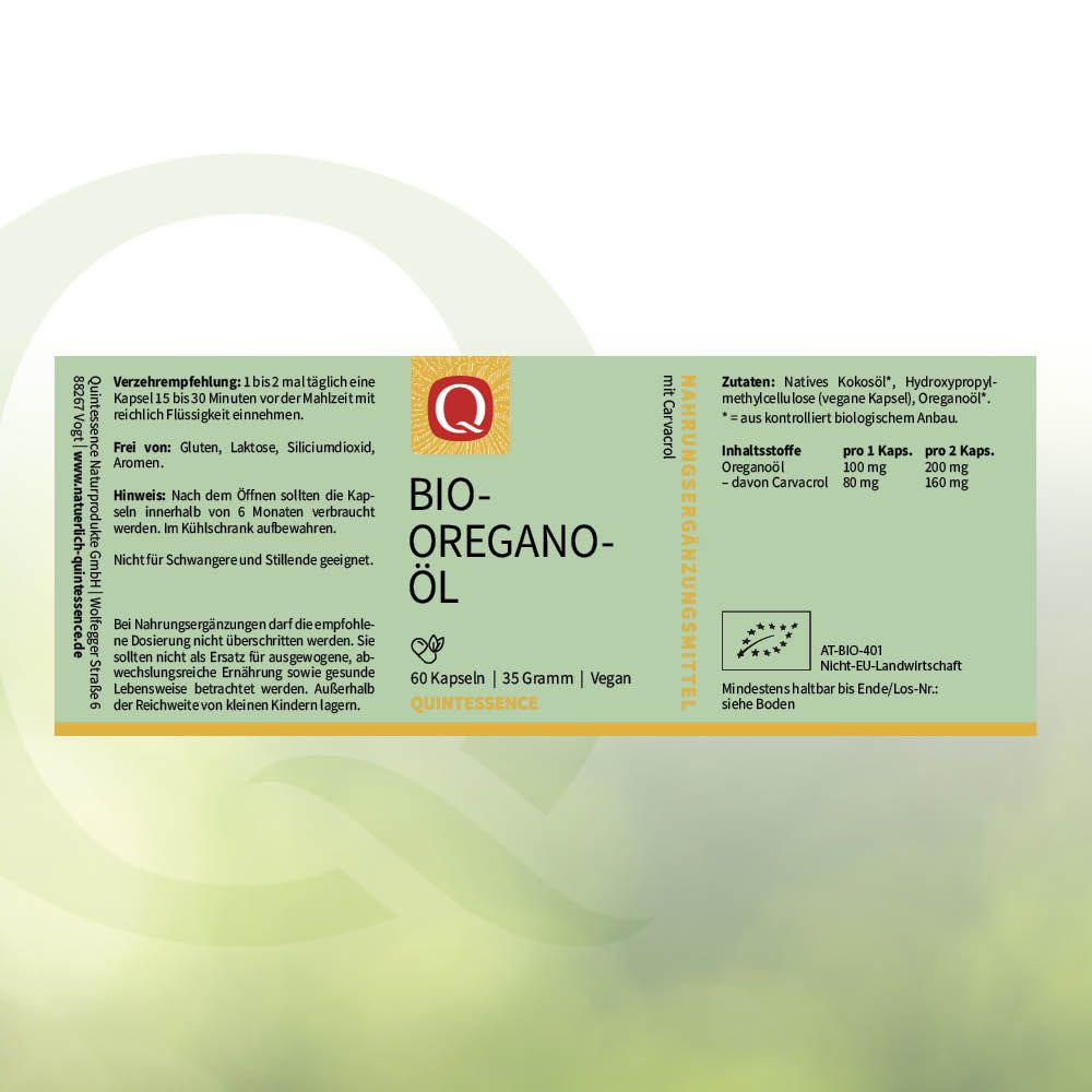 Packung Quintessence Bio Oregano Öl Kapseln, 60 Kapseln, 35 Gramm, Vegan. Mit Bio-Siegel.