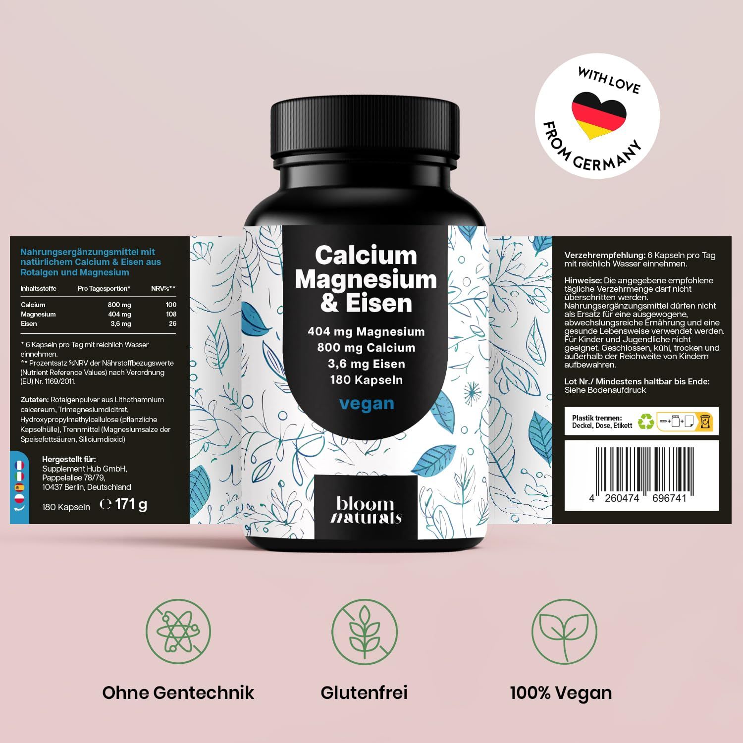 Flasche Calcium Magnesium & Eisen mit Etiketten. Text: Ohne Gentechnik, Glutenfrei, 100% Vegan.