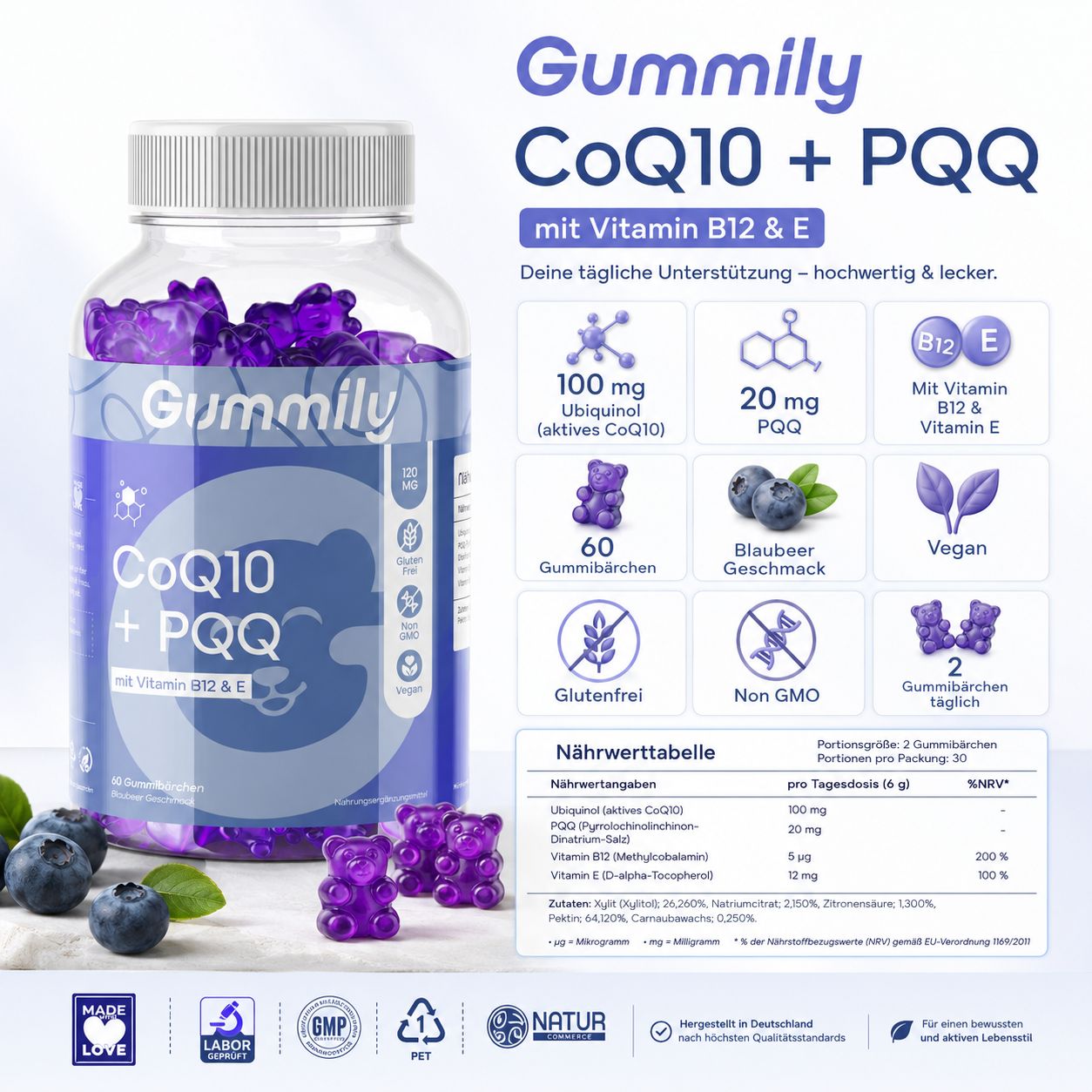 Gummily® CoQ10 100 mg Gummies - Ubiquinol Coenzym Q10 + PQQ - mit B12 & E - CoQ10 Kapseln alt.