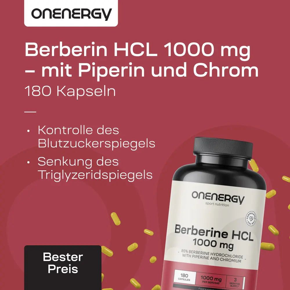 OnEnergy Berberin HCL 1000 mg Flasche. Text: 180 Kapseln. Kontrolle des Blutzuckerspiegels. Senkung des Triglyzeridspiegels.