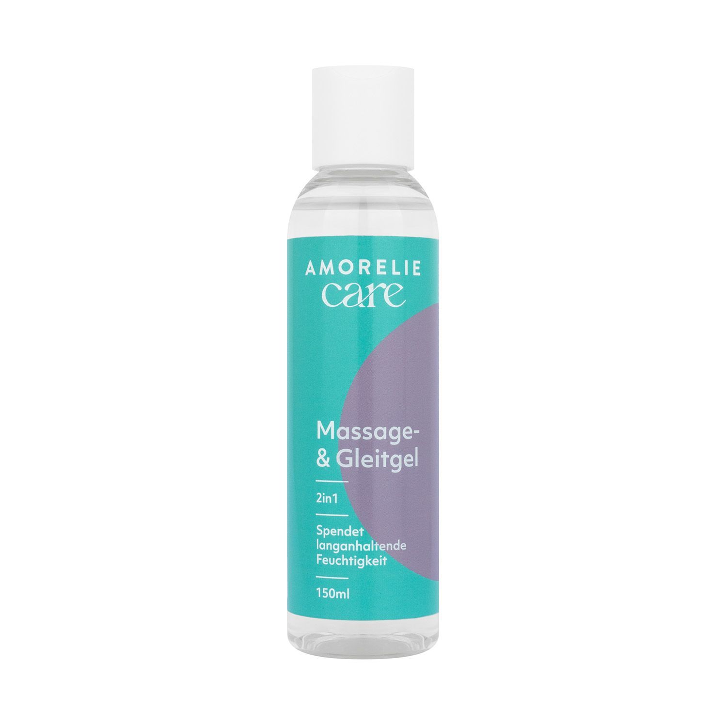 Flacon transparent avec bouchon blanc. Inscription : AMORELIE care, Gel de massage & lubrifiant 2en1. Design turquoise et violet.