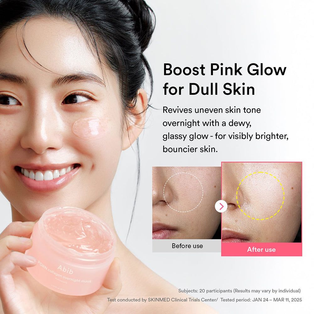 Frau hält eine Dose. Vorher-Nachher-Vergleich: Haut mit und ohne Maske. Text: Boost Pink Glow for Dull Skin.